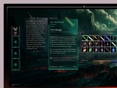 The Cursed Arsenal - Video Game UI bg3 branding clean concept dashboard design equip fantasy game illustration load ui ux video game weapon