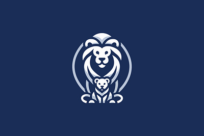 Lion With Cub Logo animal bond care child care family group lion cub lion logo majesty protection unity
