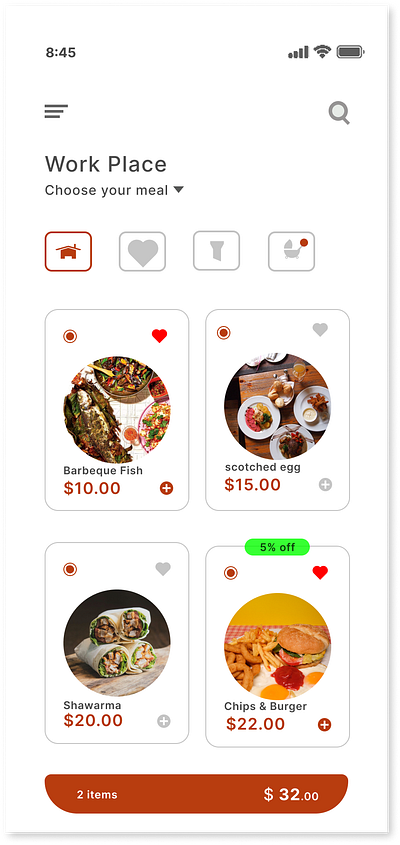 Homescreen food ordering app graphic design ui