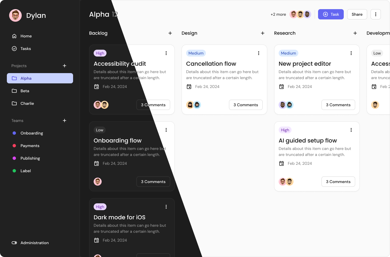 Kanban Example dark mode kanban light mode product design ui kit