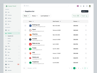 Suppliers List UI Luxury Travel agency crm dashboard list profile saas supplier list travel