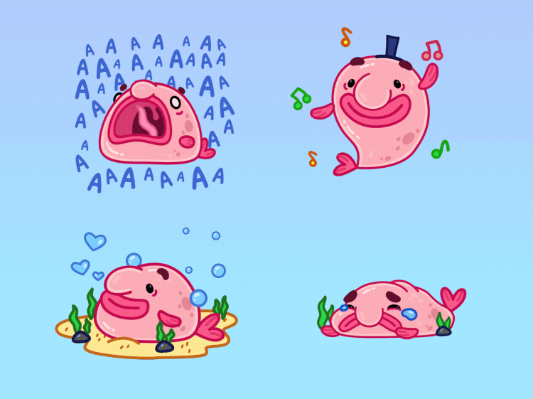 Animated blobfish stickers 2d animation blobfish bubbles crying dahcing drop fish emotions happy illustration love motion graphics music notes pink fish sad scared screaming sea bottom sticker
