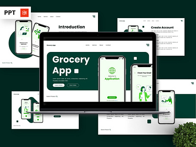 Grocery App - Mobile App Powerpoint Templates green infographic interface portfolio powerpoint presentation saas technology