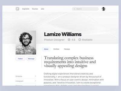 Designer profile page clean design dribbble inspiration minimal minimalistic pattern portfolio product product design profile redesign saas ui ux web web app website white