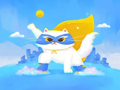 💙Super Pamuk💛 2d blue brave cat character city concept cute design fantasy fluffy hero illustration landscape procreate sketch sky strong sun superhero