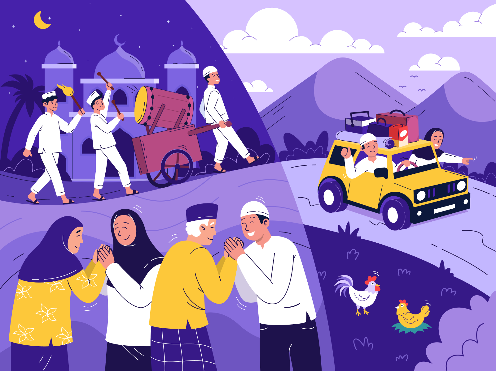 Happy Eid Mubarak - Mudik Illustration celebration eid eid al fitr eid mubarak fasting flat holy month idul fitri iftar illustration islam moslem day mubarak muslim ramadhan starry night vector