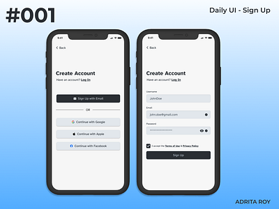 Daily UI 001 - Sign Up Page dailychallenge dailyui dailyui 001 design designprocess designthinking figma mobile mobile app prototype sign up ui uiux ux