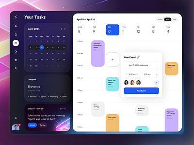 Calendar Template for Quickit UI Kit 3d app calendar dark dashboard day design event free freebie invite kit quickit template theme udix ui ux web widgets