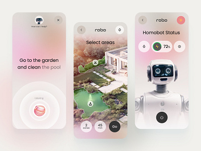 Mobile app for Smart Home Assistant 3d ai bot cleaning design interface mobile app robot smart home ui ux voice сlean