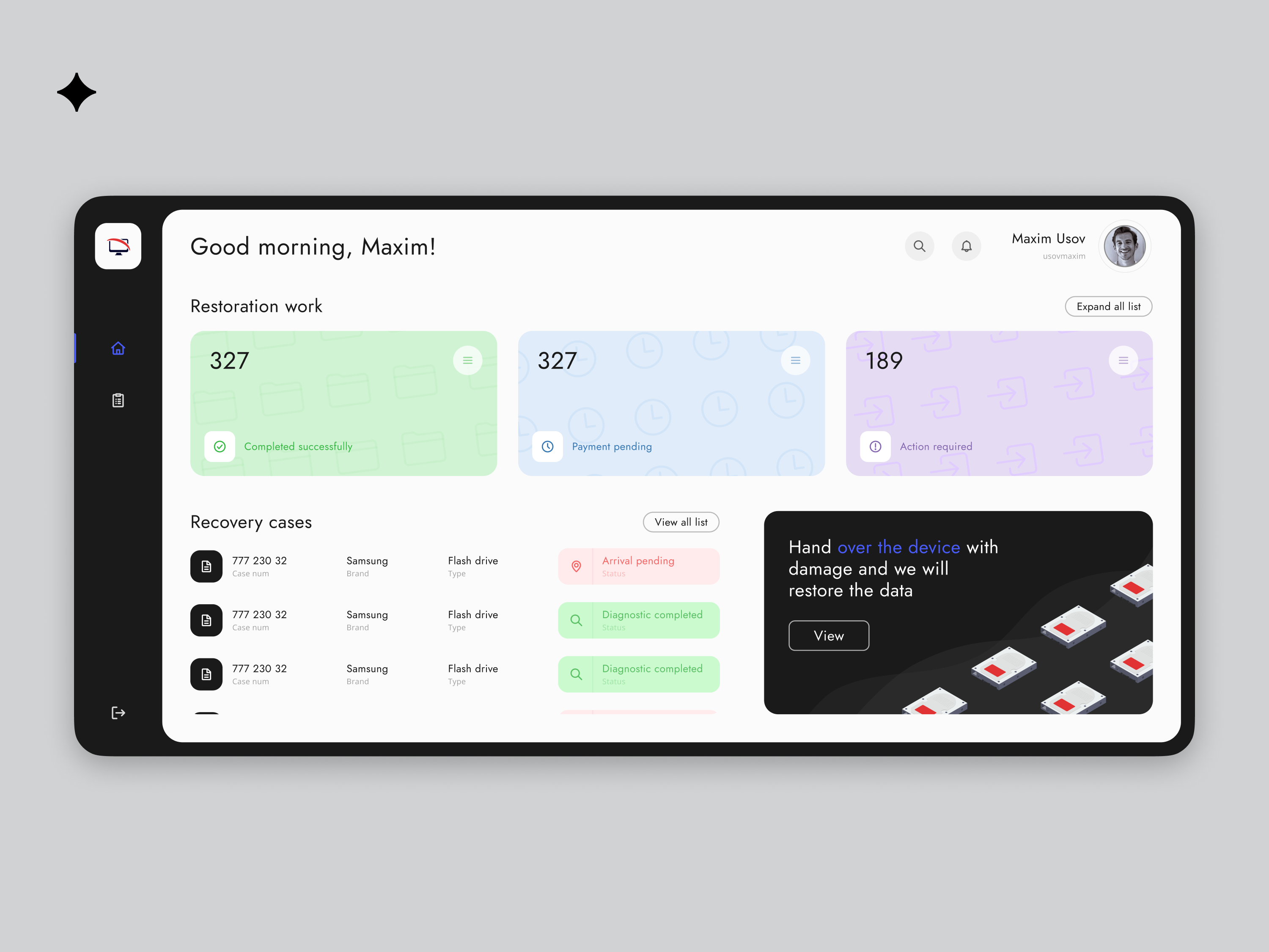 Ze Lab – Data recovery dashboard adaptation animation crm dashboard design erp minimalism recovery data system ui uiux user interface