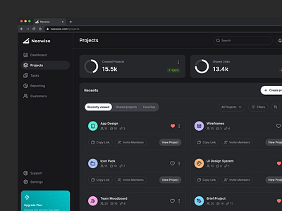 Neowise - Projects (Dark Mode) 3d branding color dashboard design graphic design projects ui ux vector