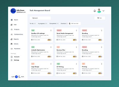 A task management dashboard. design product design ui ux