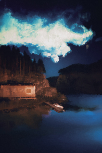 Hut on the Shore art artwork book cover book illustration clouds dark digital art digital illustration digital painting fine art forest illustration ladscape lake matte painting mountain nature sea shack sky