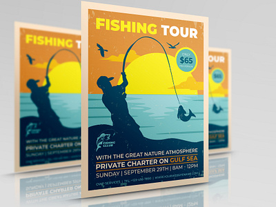Fishing Flyer Template camp design fish flyer illustration leaflet ocean poster relax retro river sport tour vintage water