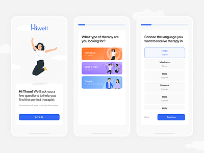 Hiwell Online Therapy - Onboarding Questions app app design branding doctor app health app mobile app onboarding onboarding questions question ui ui elements