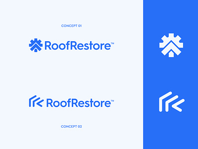 RoofRestore - Logo Designs branding build building gear home house leak logo logo design monogram r repair reparation restoration restore roof service usa visual identity water