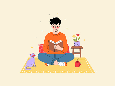 Free Young Man Reading With His Cat Illustration book cat cute flowers free download free illustration free vector freebie illustration reading reading illustration