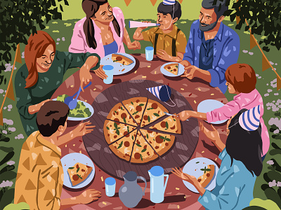 Pizza party characters illustration magazine photoshop