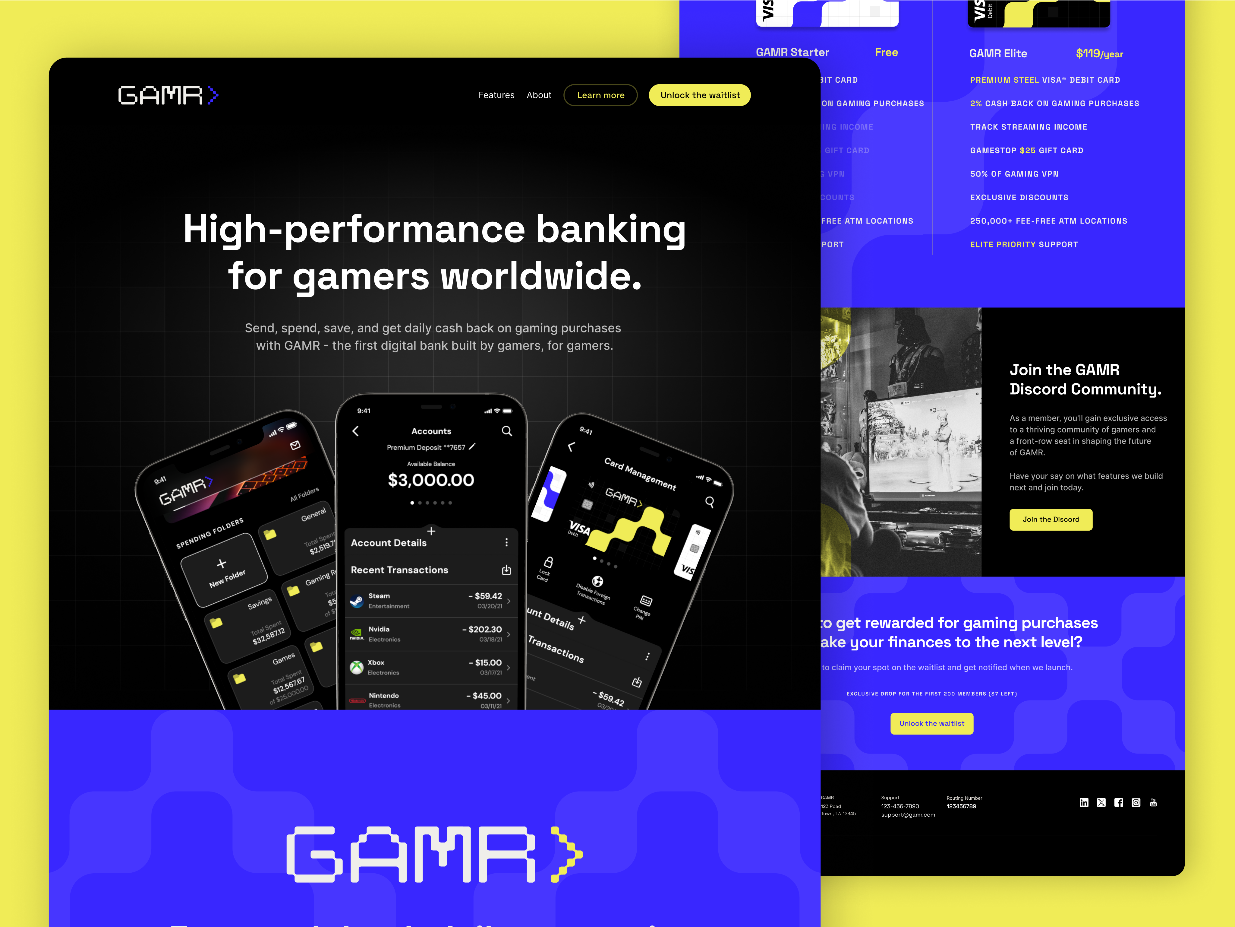 Web Design - GAMR app bank branding design digital bank gamer high performance baking illustration logo niche nymbus pixel streamer streaming ui vector