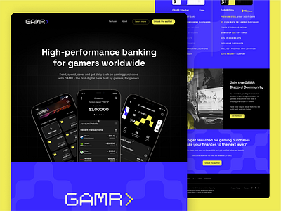 Web Design - GAMR app bank branding design digital bank gamer high performance baking illustration logo niche nymbus pixel streamer streaming ui vector