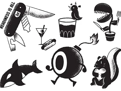 Tattoo Flash Sheet 1 alchol bird bomb conceptual illustrator editorial editorial illustration editorial illustrator heart illustration james olstein james olstein illustration jamesolstein.com plant skunk swiss army knife texture vector whale