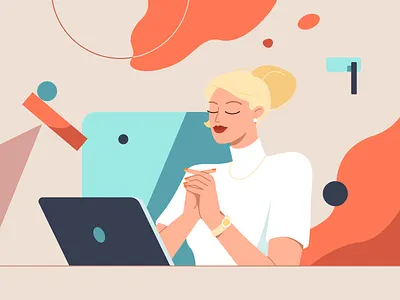 Office Dreaming 2d abstract business character cloud dreaming flat girl homeoffice illustration laptop networking office shapes woman work