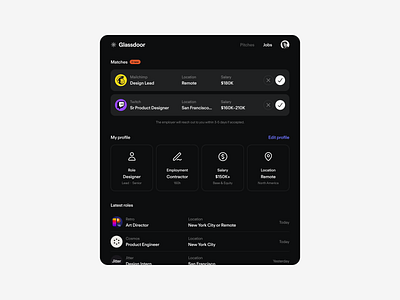 Job matchmaker app dark dark mode dashboard glassdoor jobs matches minimal product design profile ui ux web