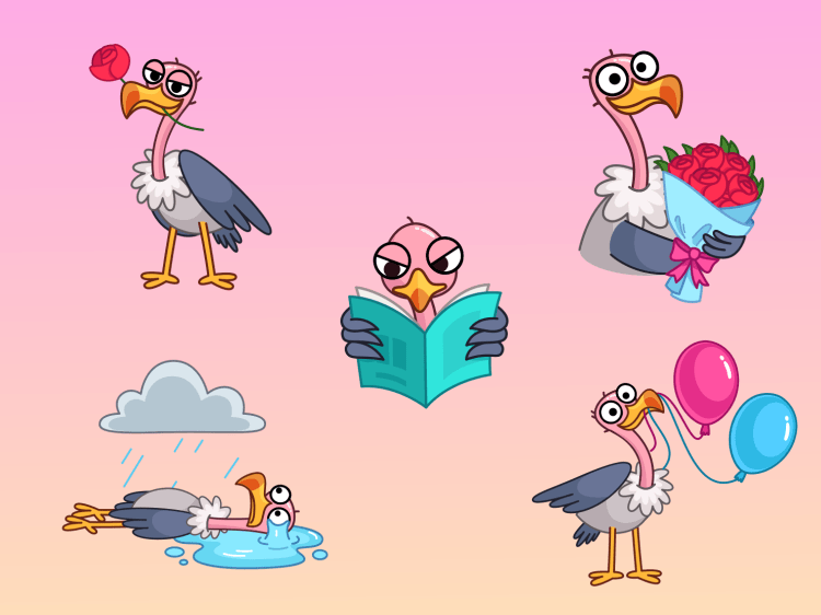 Animated vulture stickers 2d animation bird busy character crying emotions flowers funny animal happy illustration motion graphics neophron reading a book romantic roses sad sticker vulture wink