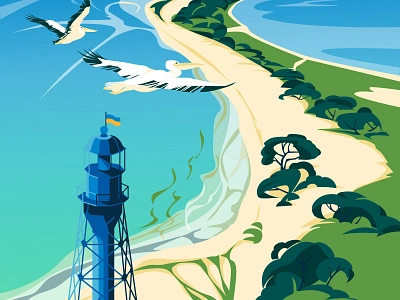 Kinburn spit. Landscape of Southern Ukraine. bird etsy illustration landscape occupation pelican poster sea shore summer tower ukraine vacation vector