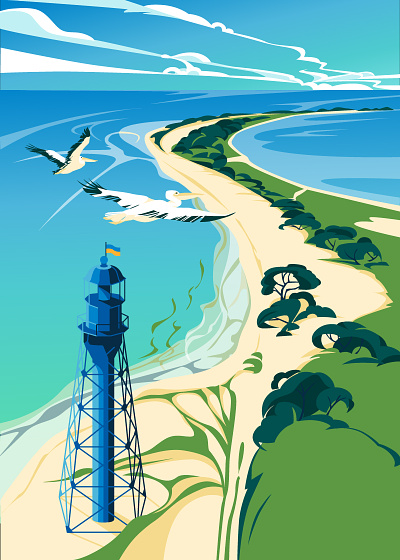 Kinburn spit. Landscape of Southern Ukraine. bird etsy illustration landscape occupation pelican poster sea shore summer tower ukraine vacation vector