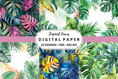 Tropical Leaves Digital Paper backgrounds digital paper tropical leaves watercolor