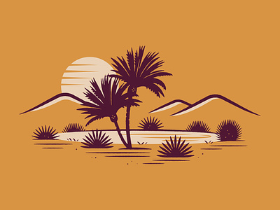 Oasis desert illustration oasis palm sand sun tree yellow