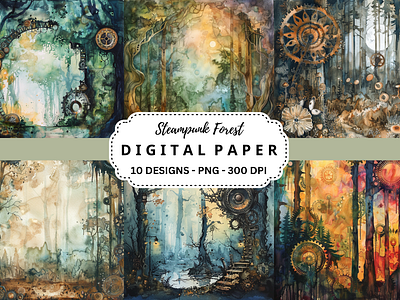 Steampunk Forest Backgrounds digital paper forest backgrounds illustrations junk journal steampunk forest