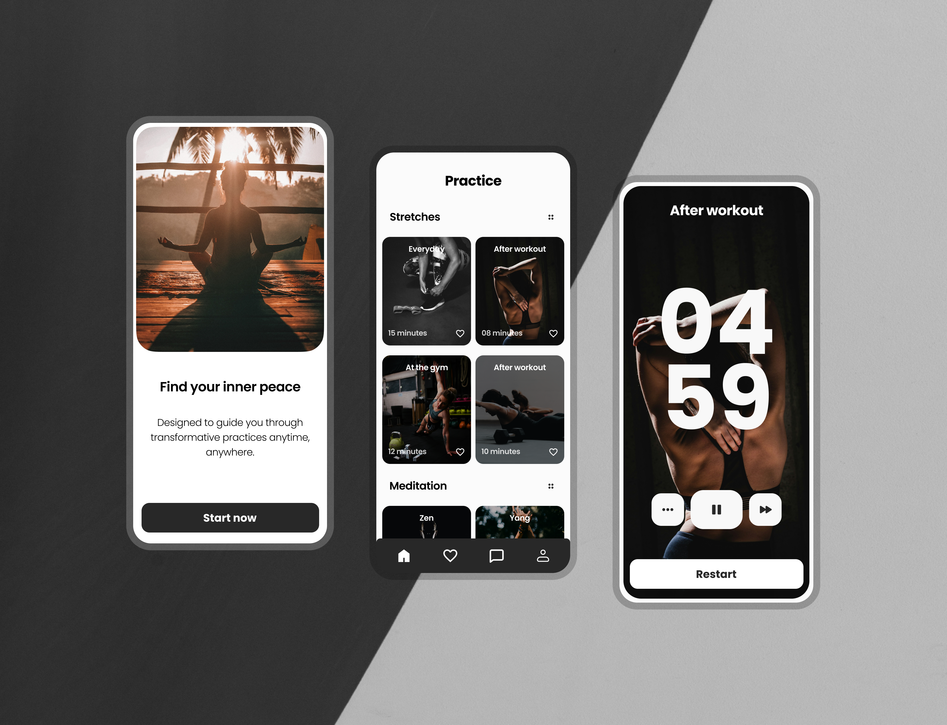 Yoga and meditation Application app design health and fitness health and wellness meditation app mindfullness minimal mobile app mobile ui modern monochrome timer timer design ui ux ux design yoga and meditation yoga application
