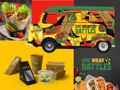 Epic Wrap Battles Branding branding dailylogochallenge design food food truck graphic design green illustration labelling logo red yellow