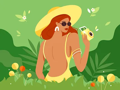 Green Tea 2d adventurer beautiful character cosmetics explorer flat fresh girl green green tea illustration jasmine jungle plants redhead summer swimsuit vacation