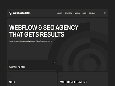 Hero Section | Waking Digital Brand Identity big buttons cta design dark dark theme dark ui digital agency hero hero animation hero design hero section loop animation low contast minimal minimalistic modular modular ui seo ui design webflow