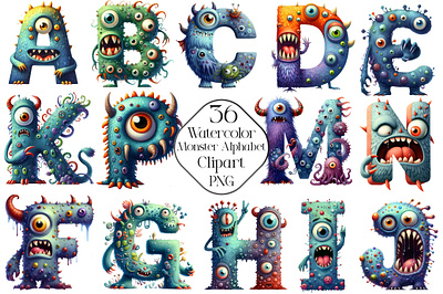 Watercolor Monster Alphabet Clipart halloween