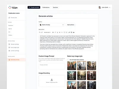 Generate articles AI admin ai articles b2b clean dashboard enterprise product saas ui ux web
