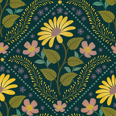 Whimsical Wildflowers floral green illustration pattern surface design teal wallpaper wildflowers yellow
