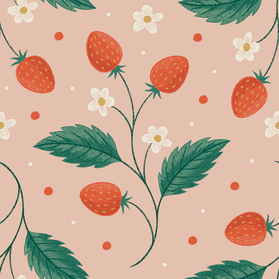 Strawberry Fields Pattern cute fruit illustration pattern pink red strawberry surface design