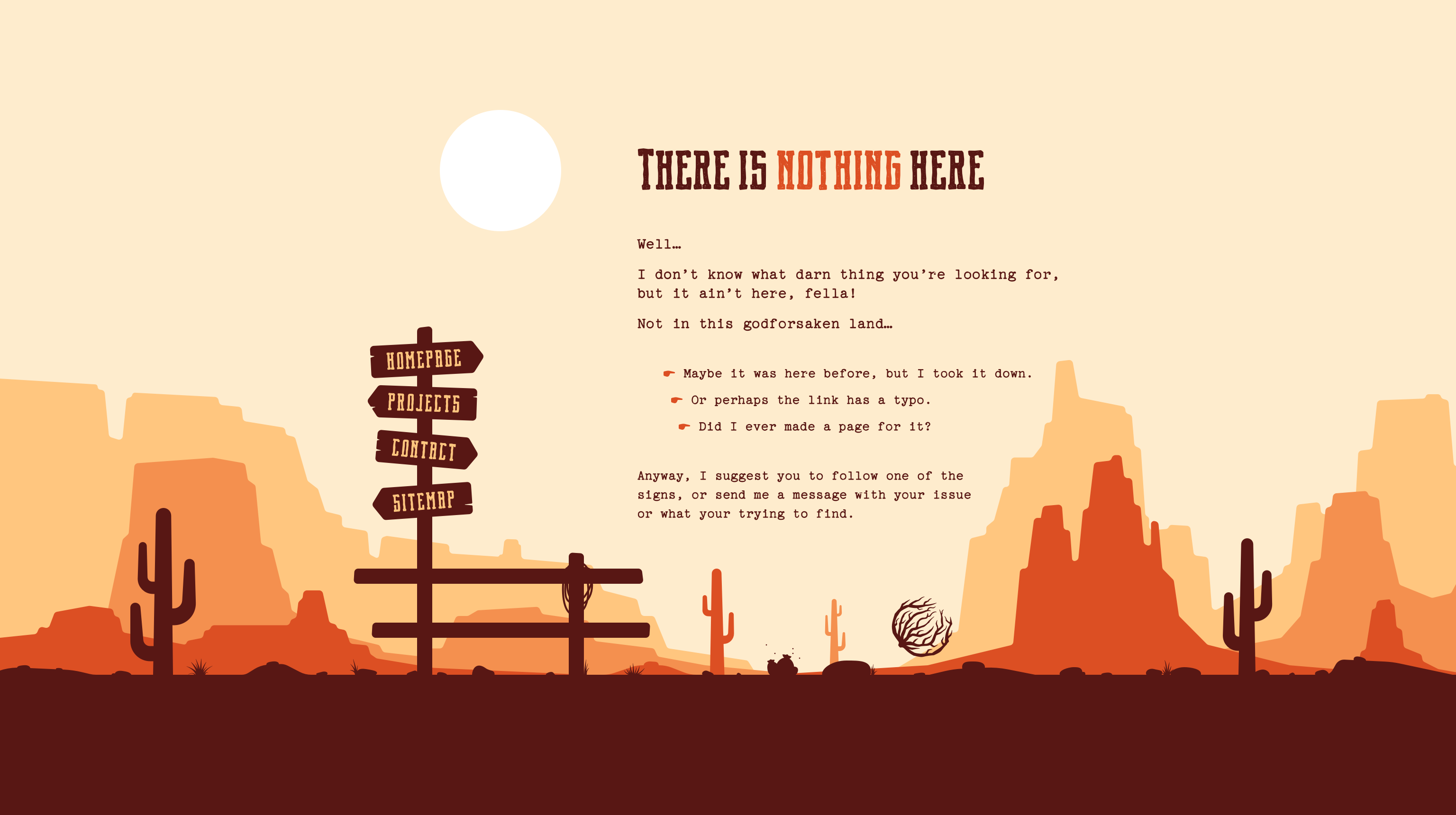 There is nothing here 404 cactus error flat illustration mountains not found shadow signs sun sunset tumbleweed wild west