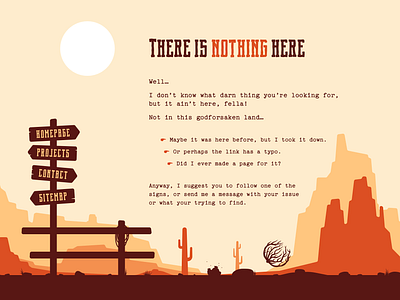 There is nothing here 404 cactus error flat illustration mountains not found shadow signs sun sunset tumbleweed wild west