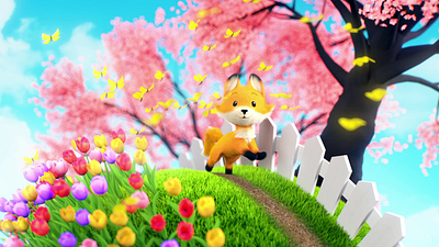 Spring Fox 3d after effects animation butterfly c4d cgi character animation cherry blossom cinema 4d colorful fox mograph motion graphics planet run seasons spring tiktok tulip walk