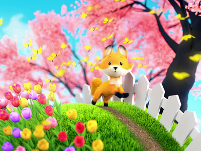 Spring Fox 3d after effects animation butterfly c4d cgi character animation cherry blossom cinema 4d colorful fox mograph motion graphics planet run seasons spring tiktok tulip walk