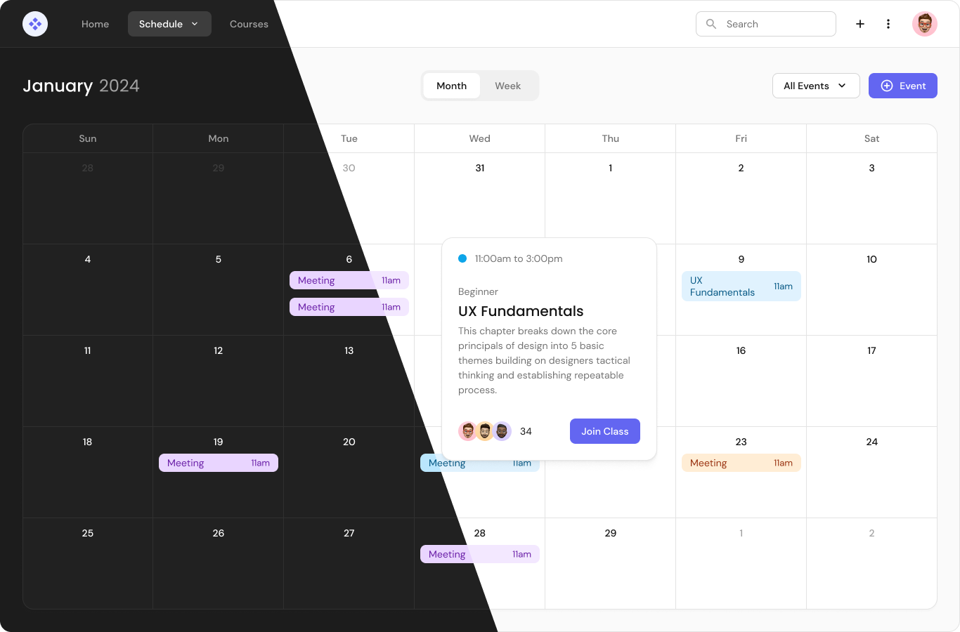 Calendar Month View Example calendar dark mode design kit light mode product design ui kit week view