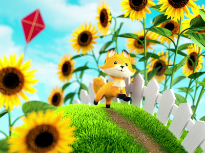 Summer Fox 3d after effects animation c4d character animation cinema 4d cute fence fox grass kite little planet loop mograph motion grapjics sphear summer sunflowers