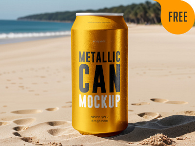Free Metallic Can on the Beach Mockup. AI Generated alcohol beer beverage bottle can cocktail drink energy drink free freebie lemonade logo mockup packaging product soda soft drink tonic water
