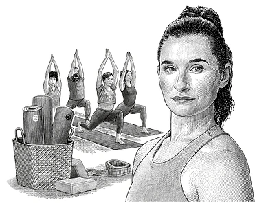 Jade, the yoga instructor black and white engraving etching illustration portrait