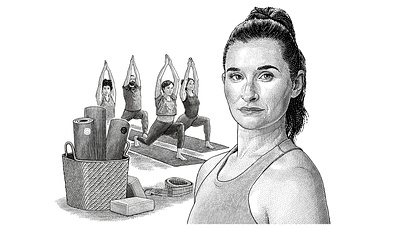 Jade, the yoga instructor black and white engraving etching illustration portrait